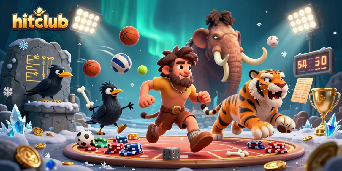 Hitclub interactive casino scene with caveman, sabertooth tiger, and sports elements in 3D.