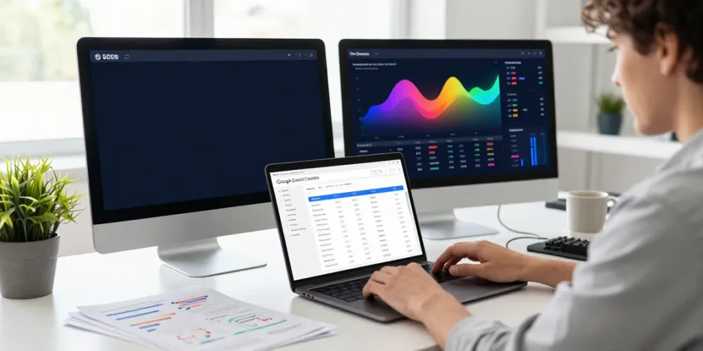 SEO specialist utilizing instant indexing tools for website performance analysis in a modern office.