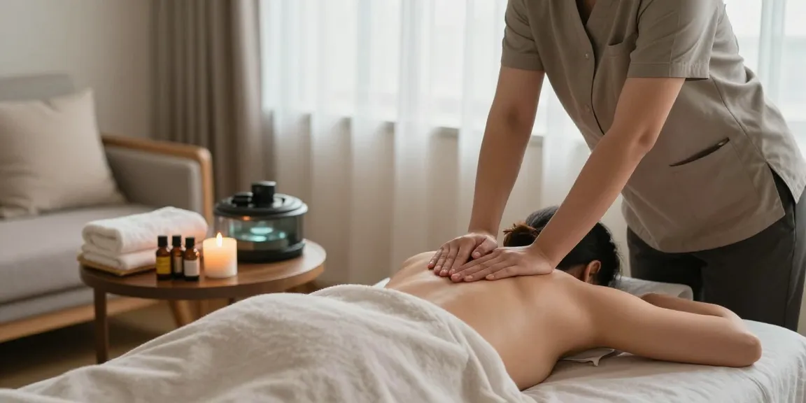 서울출장마사지 session in a tranquil living room with calming decor and flickering candles.