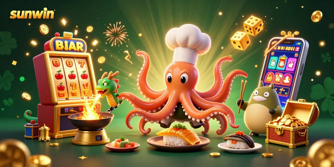 Win big at Sunwin with casino-themed action featuring a sushi chef octopus, magical dragon, and tanuki customer.