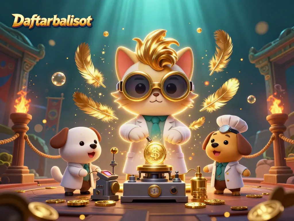 Experience exhilarating gameplay with Daftar balisot as golden coins and vibrant elements surround a 3D cat scientist.