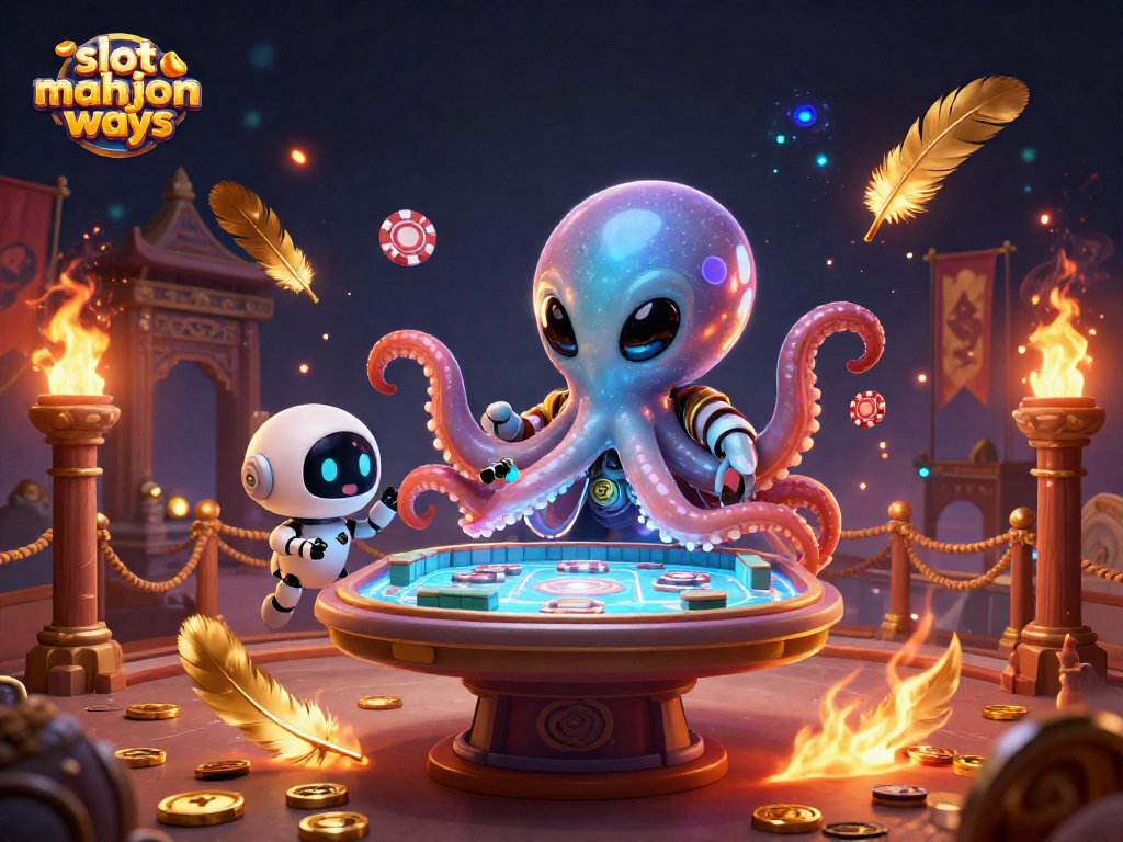 Play slot mahjong ways with a cartoon alien octopus at a vibrant gambling scene filled with cosmic features.