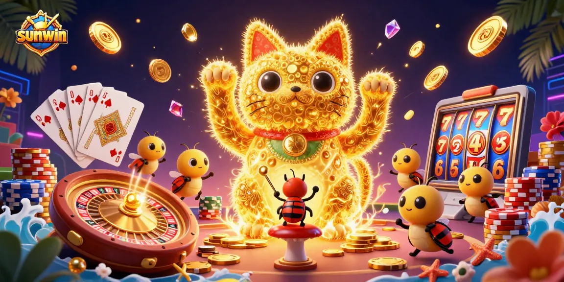 Experience the excitement of sunwin with golden fireflies, casino symbols, and vibrant game elements.