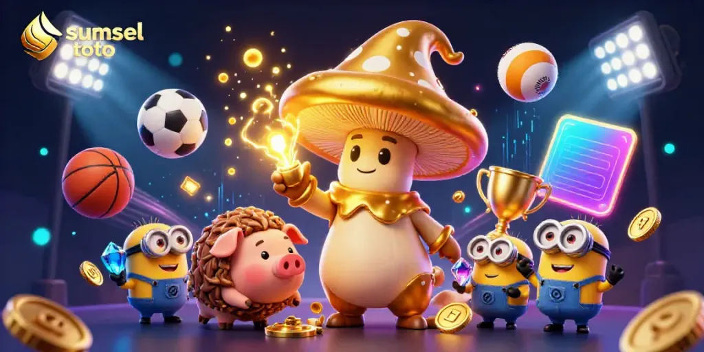 Experience the magic of sumsel toto as the golden mushroom wizard conjures treasure, surrounded by animated sports elements.