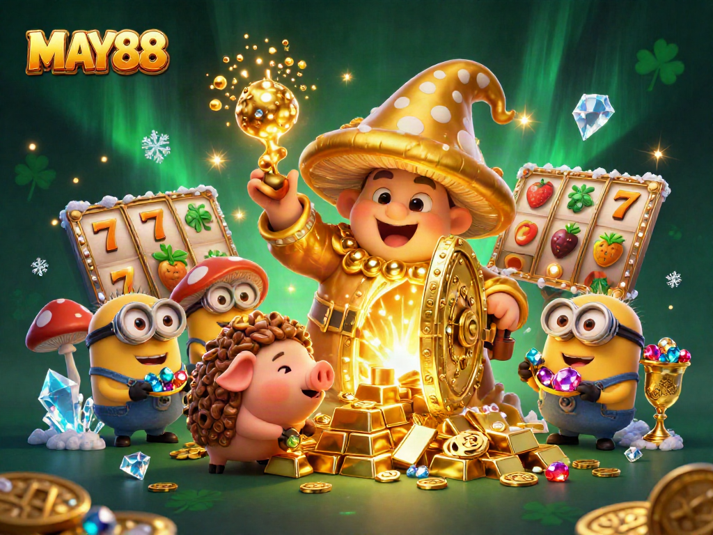 Ignite your winnings with MAY88's vibrant slots, featuring golden treasures and mystical characters.