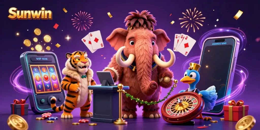Experience the excitement at Sunwin casino with a playful scene featuring vibrant characters and gaming elements.