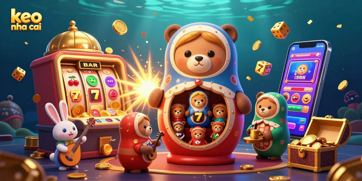 Experience keo nha cai with 3D characters celebrating casino wins amidst slot machines and vibrant symbols.