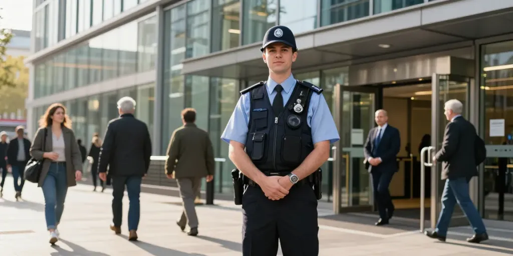 Security Guard ensuring safety outside a corporate building in London, demonstrating trustworthiness and professionalism.