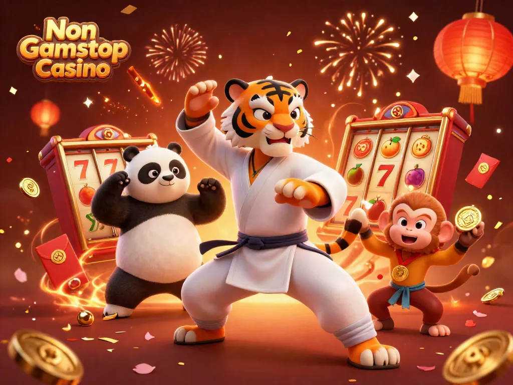 Engaging illustration of Non Gamstop Casino with kung fu characters celebrating amidst gameplay elements.