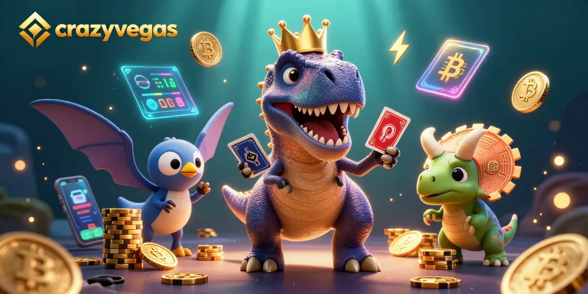 Experience thrilling gaming at crazyvegas with a T-Rex, pterodactyl, and triceratops amidst cryptocurrencies and vibrant casino elements.