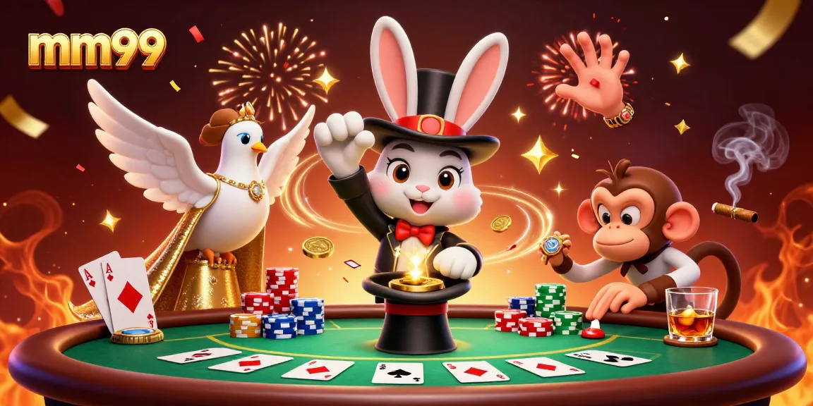 Engage with mm99's vibrant casino world as a magician rabbit conjures gold coins.