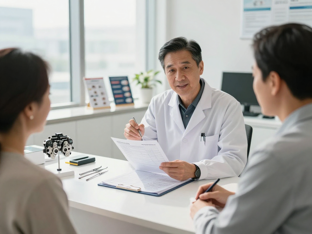 Cataract surgeon in Abu Dhabi consulting with a patient in a bright medical office.