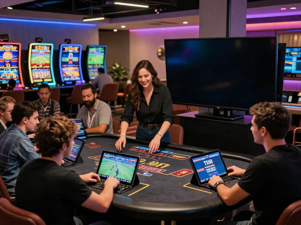 Dynamic gaming scene on the TX88 platform with diverse players enjoying slots and live casino action.