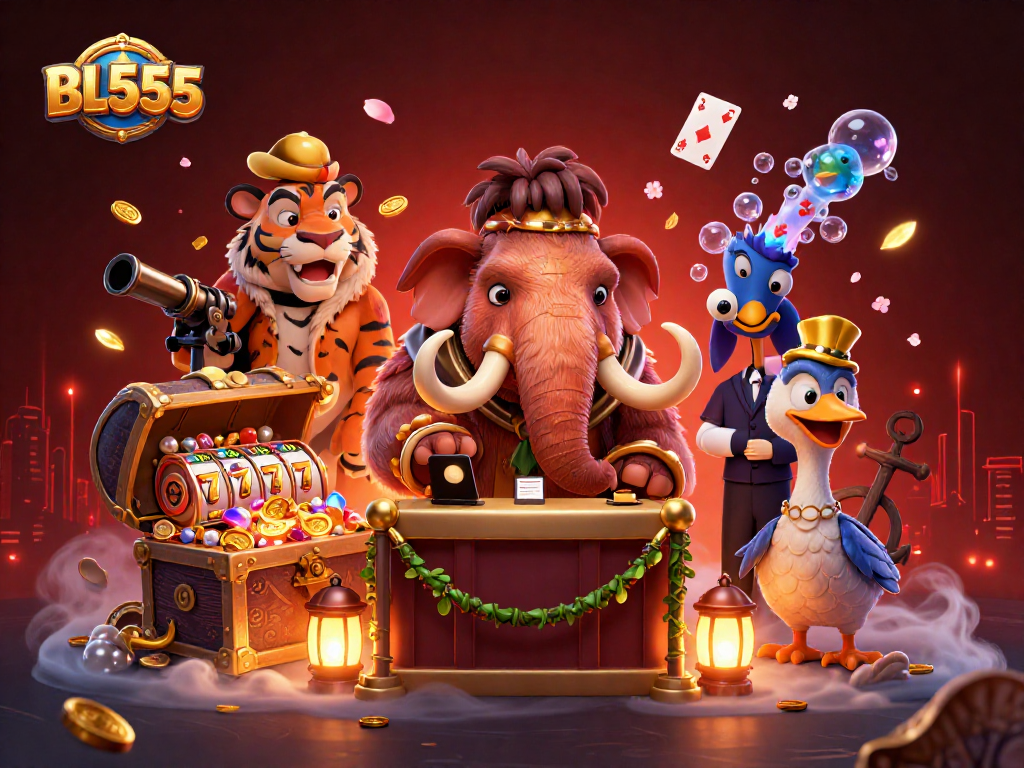 Experience thrilling action at BL555 with a mammoth bouncer, saber-tooth tiger, and dodo doorman in a vibrant casino