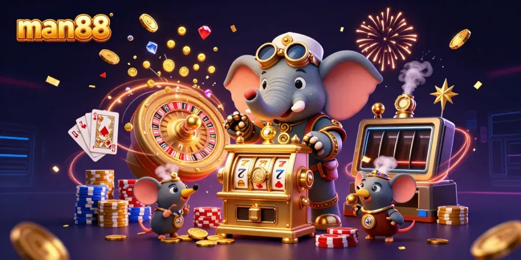 Win big at man88 with dynamic slots, roulette, and playful characters in a vibrant 3D casino scene.
