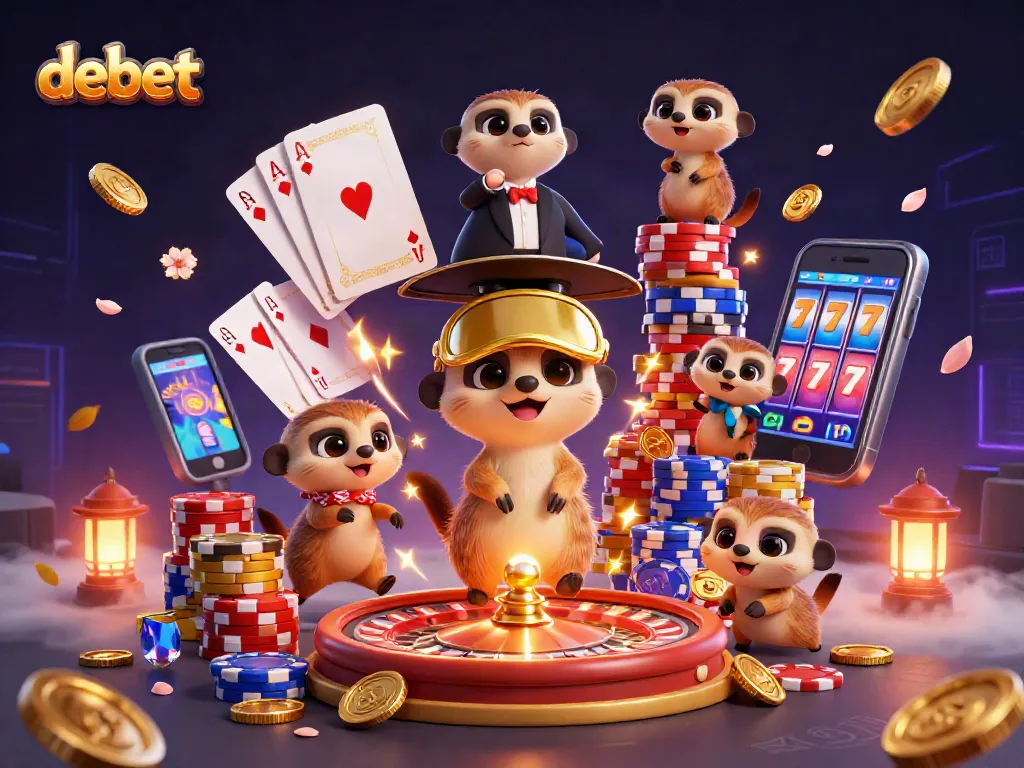 Experience the vibrant world of debet with cartoon meerkats managing an exciting casino scene.