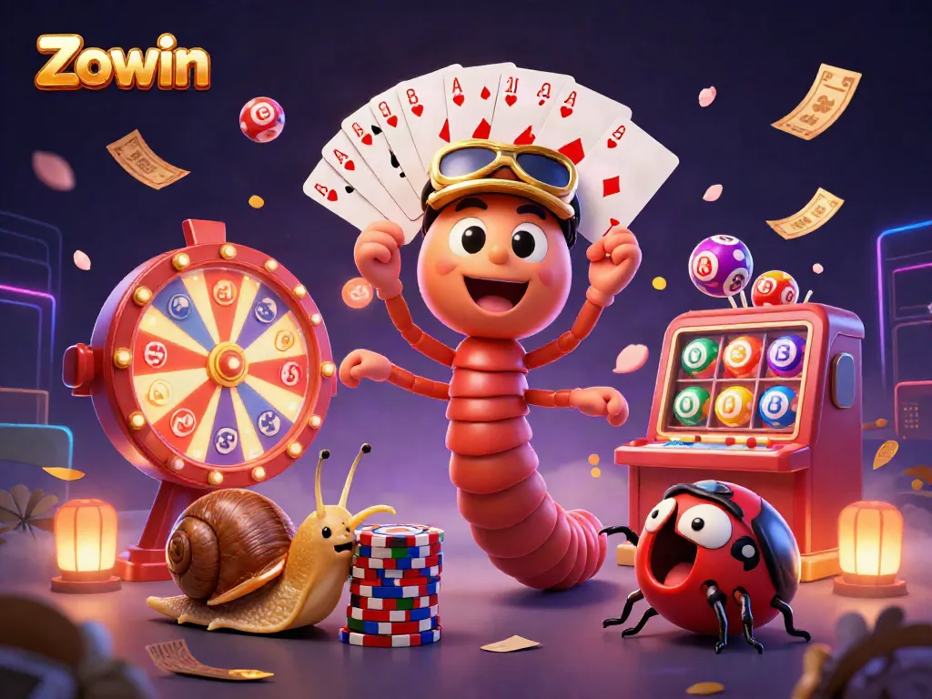Zowin casino scene featuring a millipede dealer, a snail pushing chips, and a pill bug, surrounded by colorful game elements.