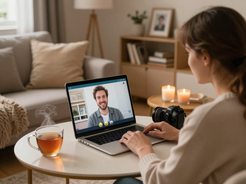 Couple engaged in sexchat during cozy virtual date at home.