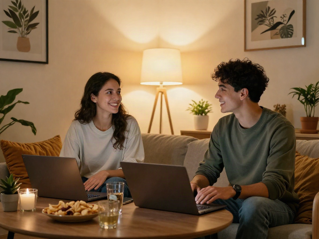 Engaging intimate sexchat scene in a cozy digital lounge with warm lighting.