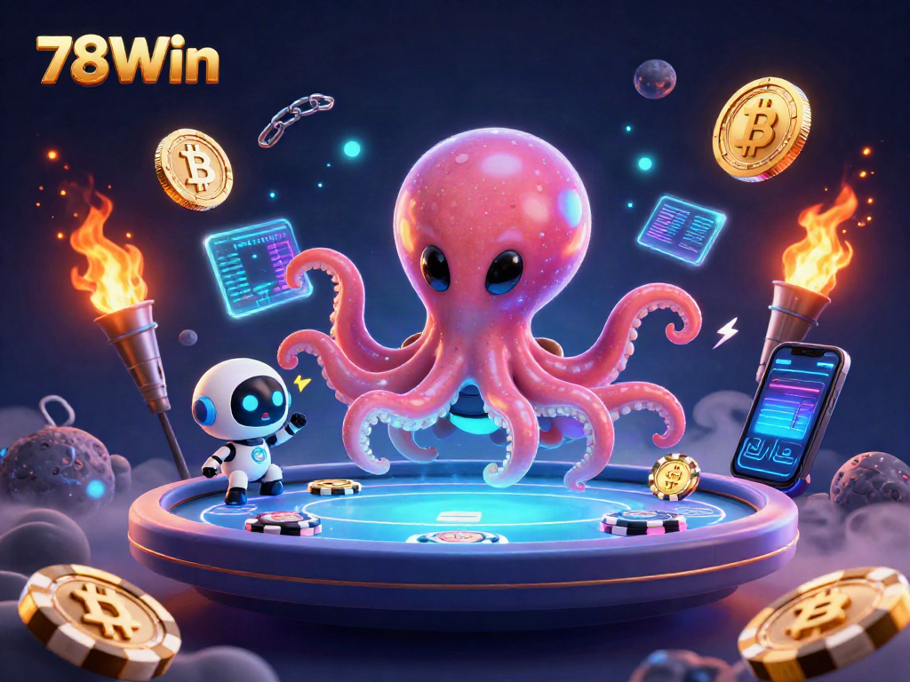 Engage with the thrilling world of 78Win while the alien octopus and robot companion enjoy holographic gambling action.