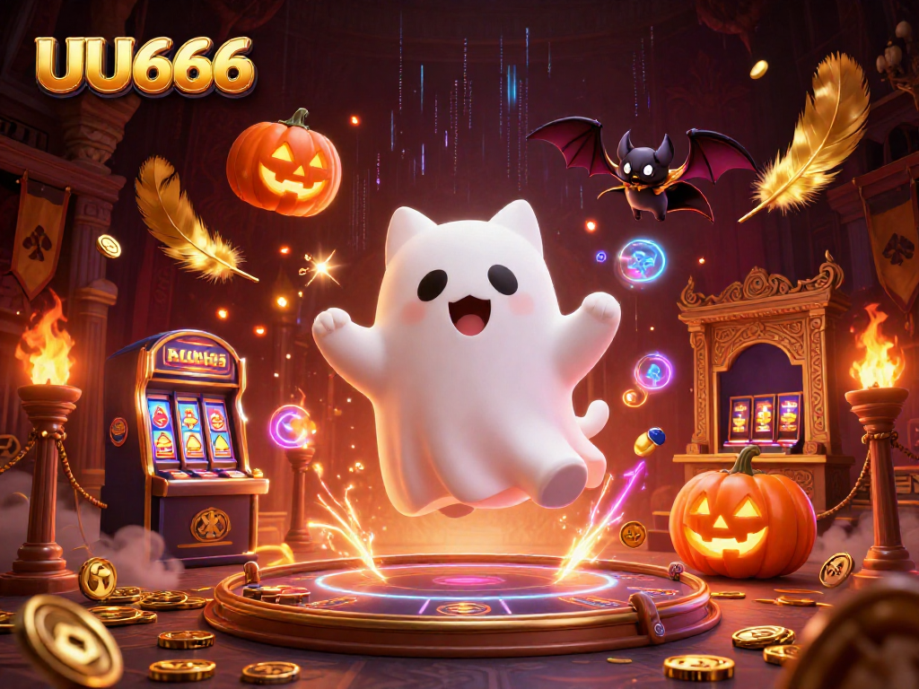 Experience the thrilling world of UU666 with a ghost cat and bat companion in a vibrant casino.