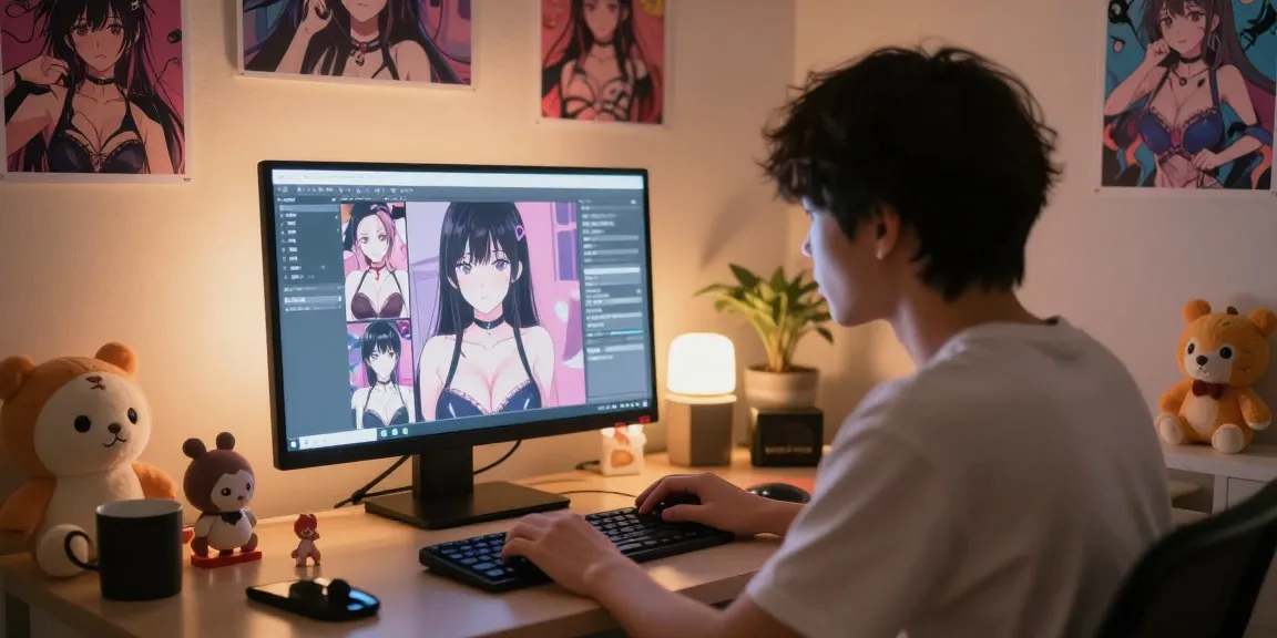 Engage in ecchi chat with charming AI characters in a cozy digital setting.