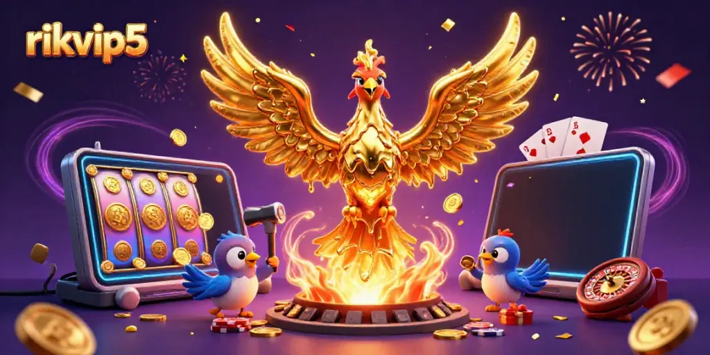 Engage with exciting gaming at rikvip5, featuring a golden phoenix and dynamic casino elements.