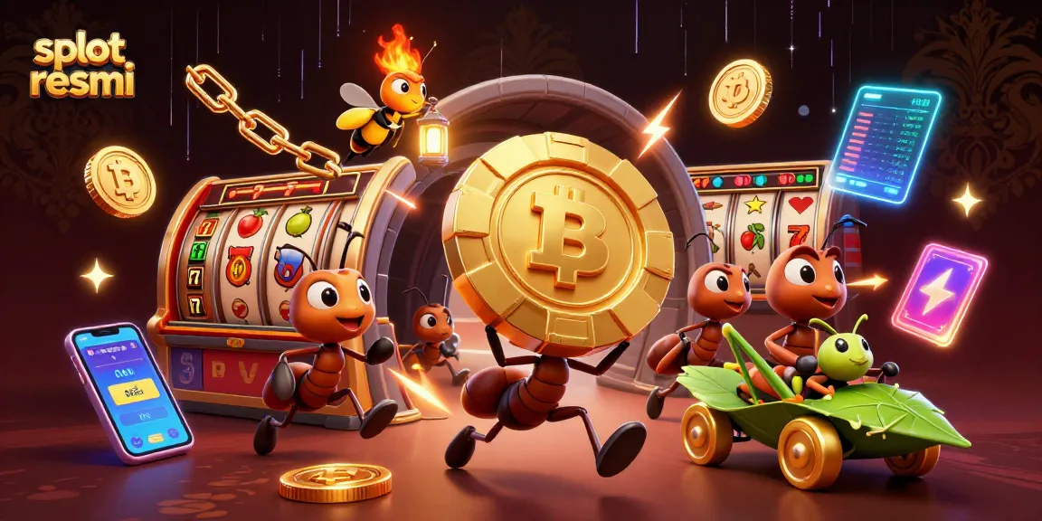 Engage with the slot resmi experience featuring an adventurous ant heist in a dynamic casino-themed illustration.