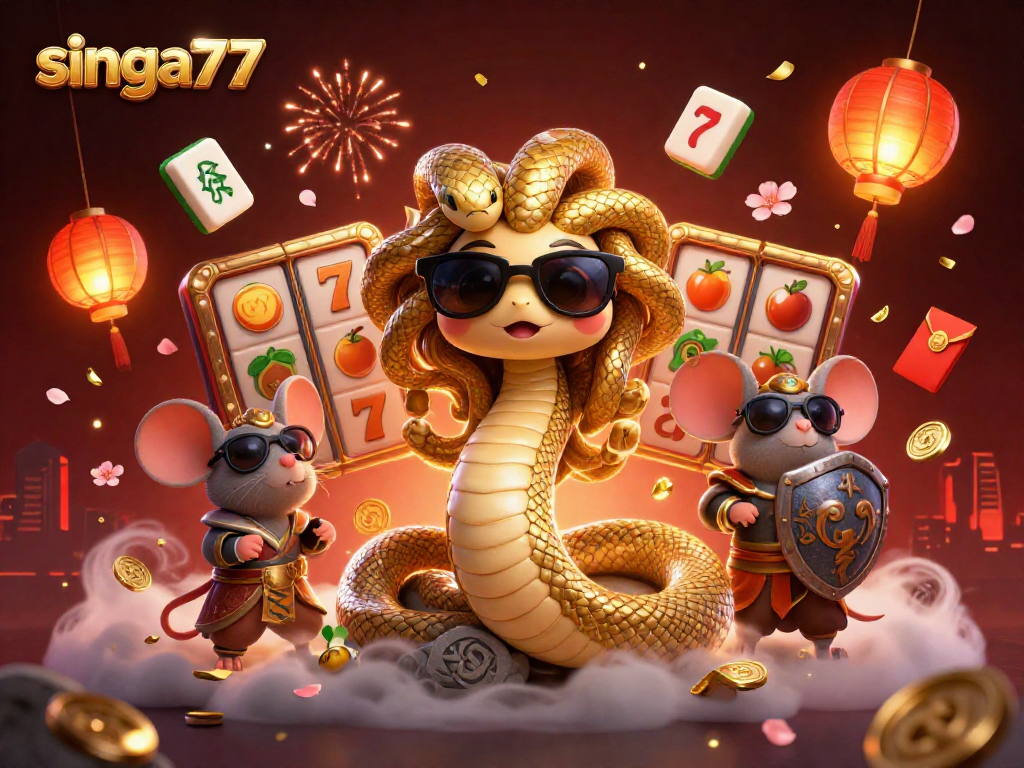 Singa77 brings animated fun with Medusa and a warrior mouse in a vibrant slot machine scene.