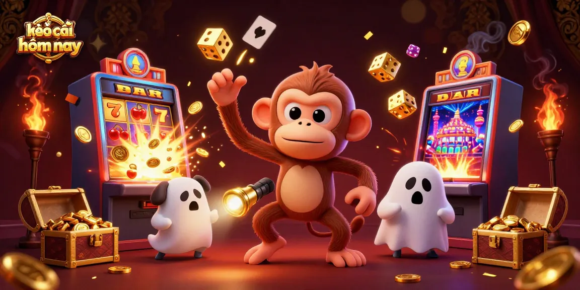Engaging illustration showcasing kèo nhà cái hôm nay with a playful monkey and ghost-hunter dog in a vibrant casino.