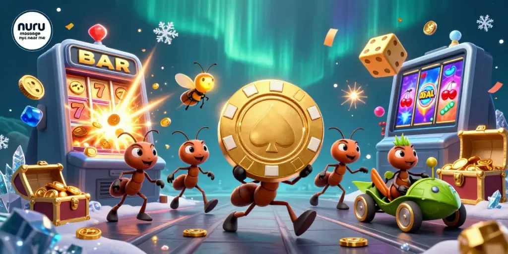 Nuru massage nyc near me action reveals a fun gambling-themed heist with animated characters in a vibrant environment
