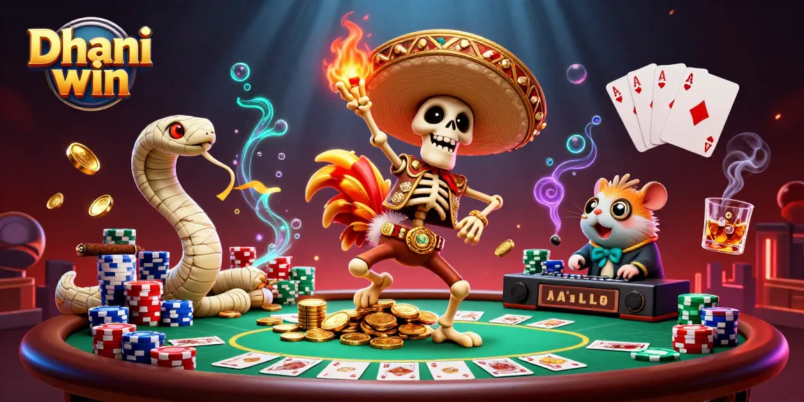 Dhani win features a vibrant 3D illustration with a skeleton mariachi rooster dancing amidst poker elements.