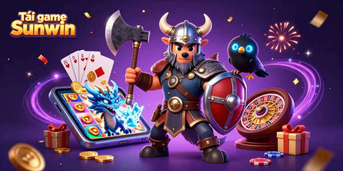Tải game Sunwin featuring a Viking wolf warrior and dragon amidst colorful casino elements
