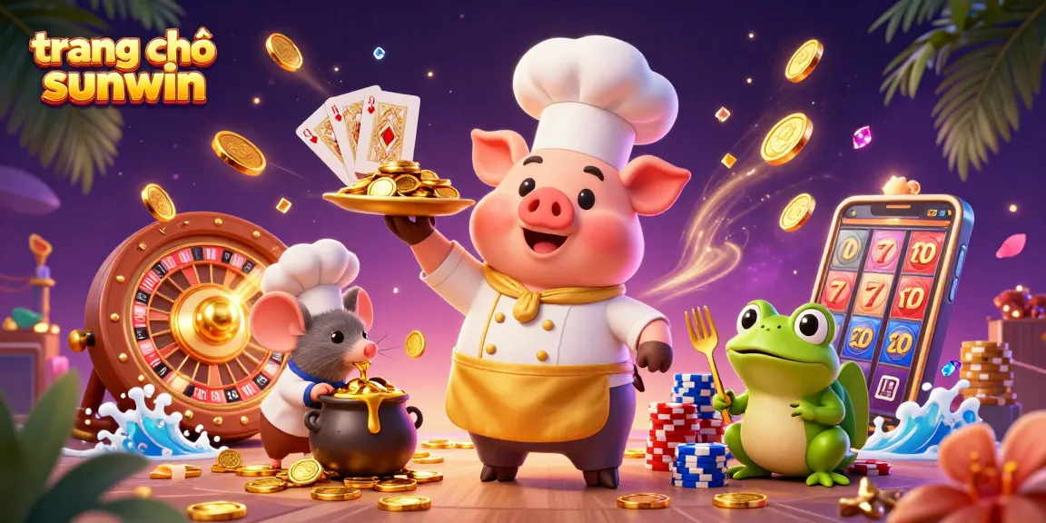 Engage with the exciting universe of trang chủ sunwin where a chef pig serves golden coins amidst a lively casino setting.